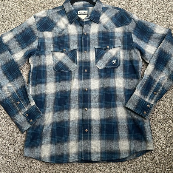 ARIAT plaid button down shirt snap button cotton size large blue gray - Picture 8 of 11